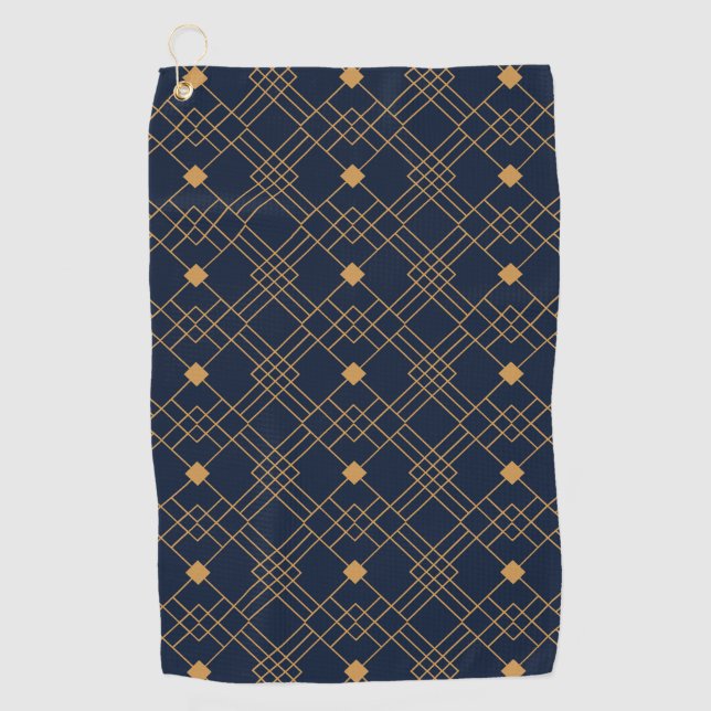 Gold art deco pattern on dark blue background golf towel (Front)