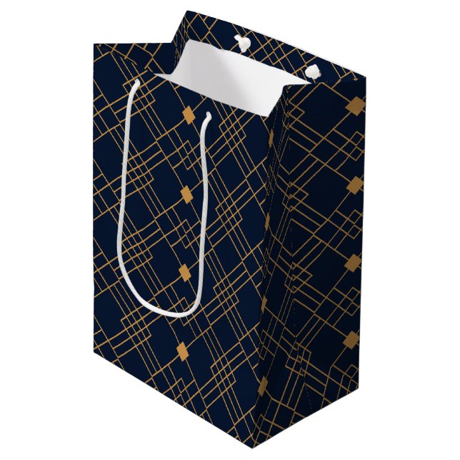 Gold art deco pattern on dark blue background  medium gift bag (Front Angled)