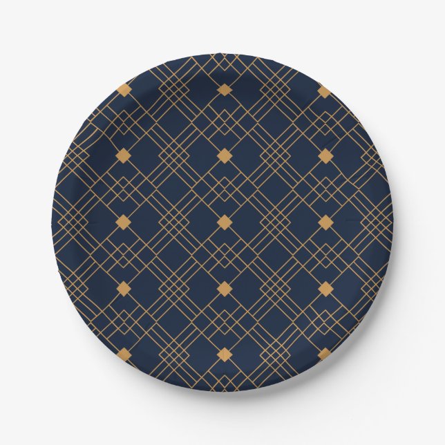 Gold art deco pattern on dark blue background paper plate (Front)