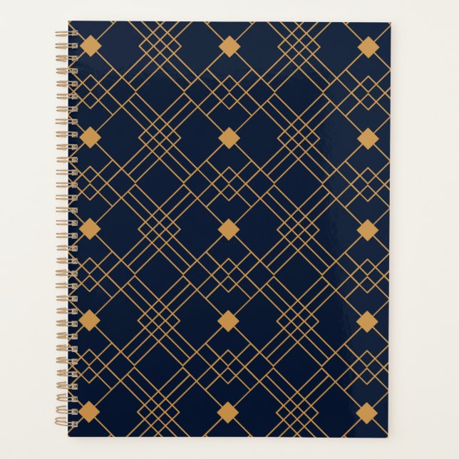 Gold art deco pattern on dark blue background planner (Front)