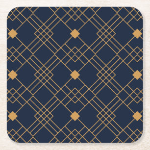 Gold art deco pattern on dark blue background square paper coaster