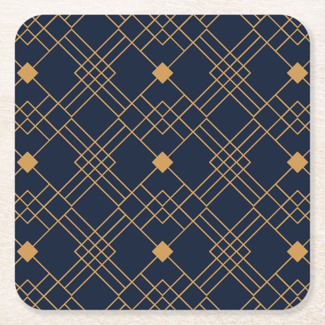 Gold art deco pattern on dark blue background square paper coaster (Front)