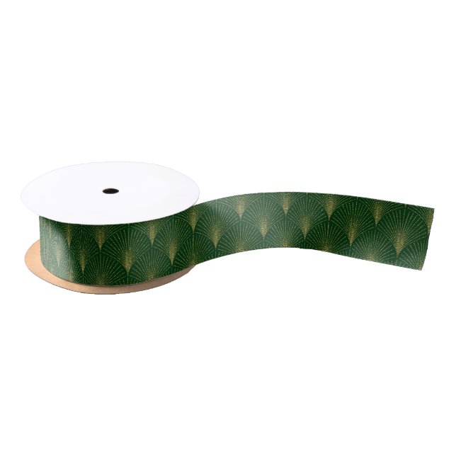 Gold art-deco pattern on green background satin ribbon (Spool)