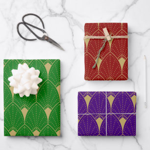 Gold Art Deco Pattern on Green Gold and Purple Wrapping Paper Sheet