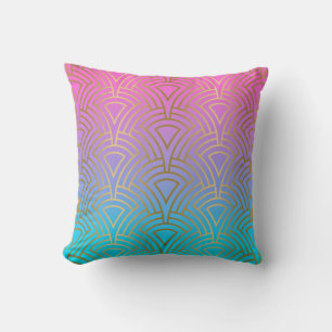 Gold art-deco pattern on pink and blue ombre cushion