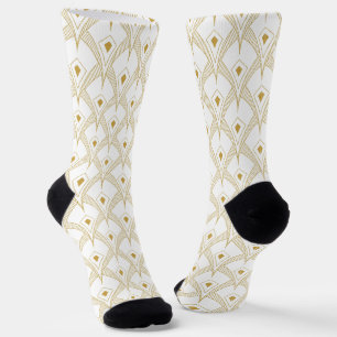 Gold Art Deco pattern on white background Socks