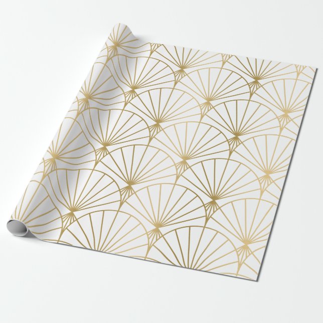 Gold art-deco pattern on white wrapping paper (Unrolled)