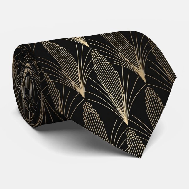 Gold Art Deco Skyscraper and Linear Sunburst  Tie (Rolled)