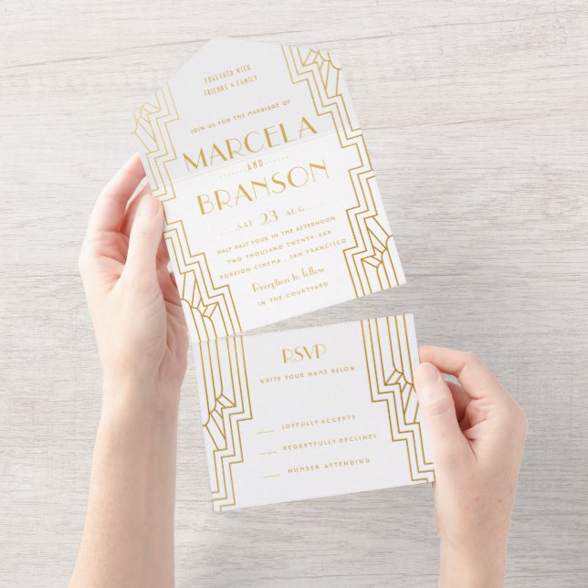 Gold Art Deco Wedding All In One Invitation (Tearaway)
