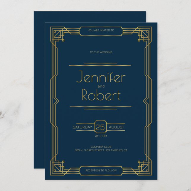 Gold Art Deco wedding frame on blue Invite (Front/Back)