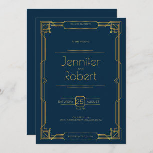 Gold Art Deco wedding frame on blue Invite