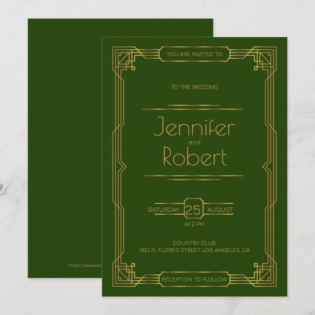 Gold Art Deco wedding frame on green Invite (Front/Back)