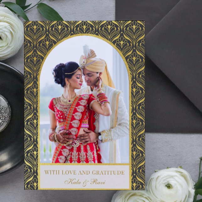 Gold Art Deco Wedding Thank You Photo Card (indian wedding thank you card, hindu wedding thank you card, art deco gold mundap arch photo card)