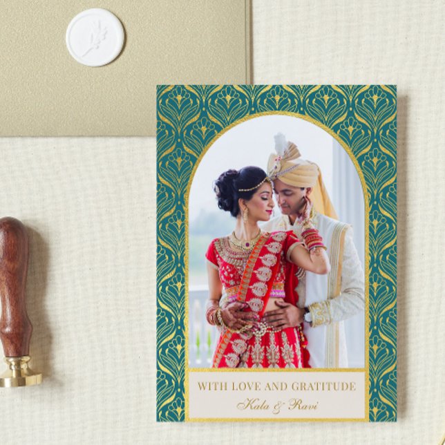 Gold Art Deco Wedding Thank You Photo Card (indian wedding thank you card, hindu wedding thank you card, art deco gold mundap arch photo card)