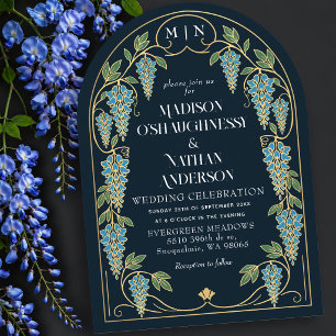 Gold Art Nouveau Blue Wisteria Wedding Arch Invitation