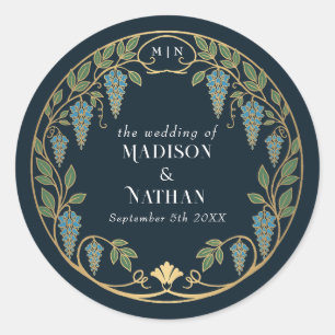 Gold Art Nouveau Blue Wisteria Wedding Classic Round Sticker