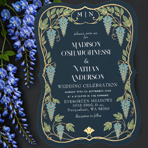 Gold Art Nouveau Blue Wisteria Wedding Invitation