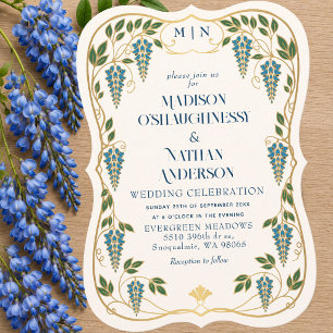 Gold Art Nouveau Blue Wisteria Wedding Invitation