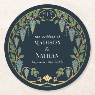 Gold Art Nouveau Blue Wisteria Wedding Round Paper Coaster