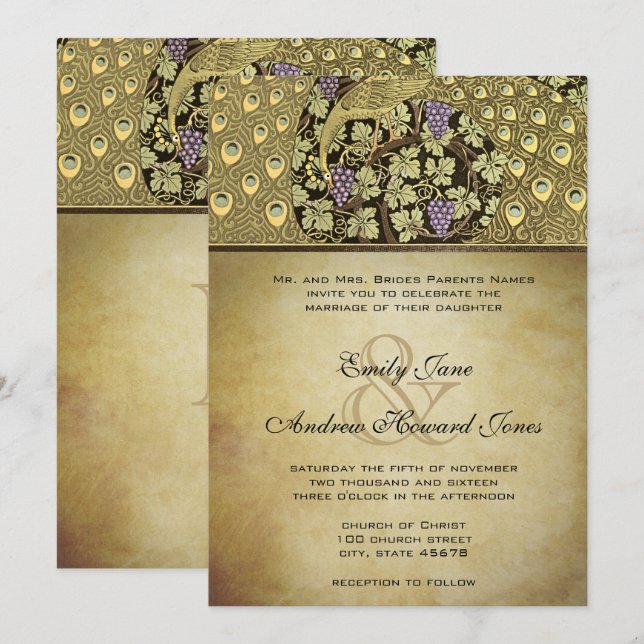 Gold Art Nouveau Peacock Birds Wedding Invitation (Front/Back)