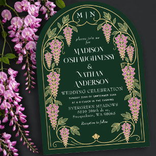 Gold Art Nouveau Pink Wisteria Wedding Arch Invitation