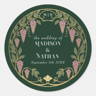 Gold Art Nouveau Pink Wisteria Wedding Classic Round Sticker