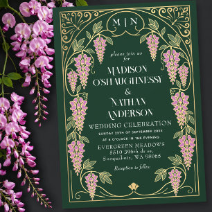 Gold Art Nouveau Pink Wisteria Wedding Invitation
