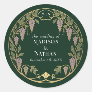 Gold Art Nouveau Purple Wisteria Wedding Classic Round Sticker