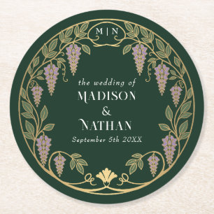 Gold Art Nouveau Purple Wisteria Wedding  Round Paper Coaster
