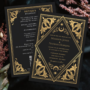 Gold Art Nouveau Tarot Gothic QR Code Wedding  Invitation
