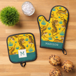 Gold Asian Tiger Pattern Oven Mitt & Pot Holder Set