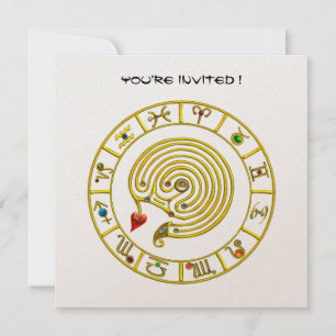 GOLD ASTRAL LABYRINTH Zodiac Signs Chart White Invitation