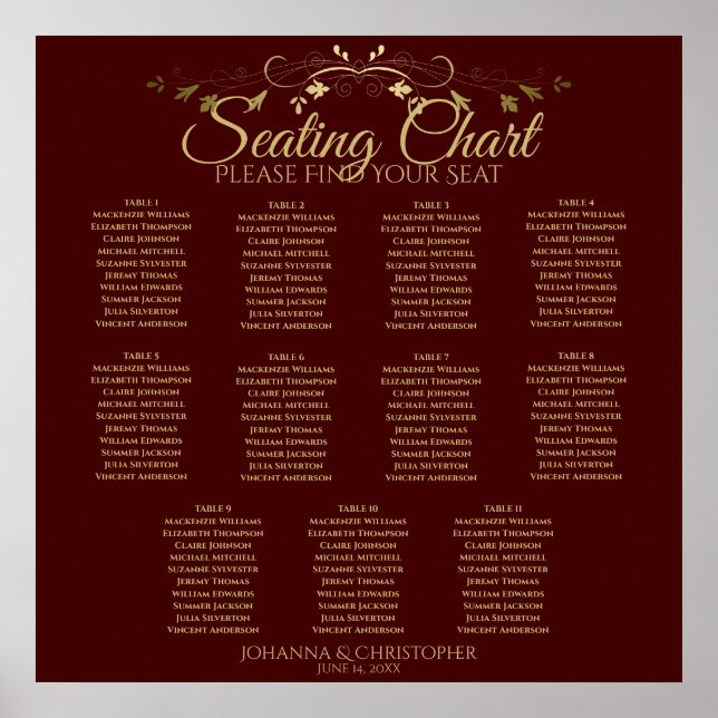 Gold & Auburn Brown 11 Table Wedding Seating Chart (Front)