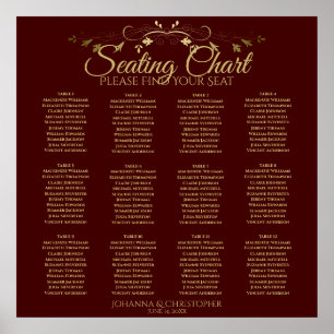 Gold & Auburn Brown 12 Table Wedding Seating Chart