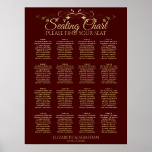 Gold & Auburn Brown 16 Table Wedding Seating Chart