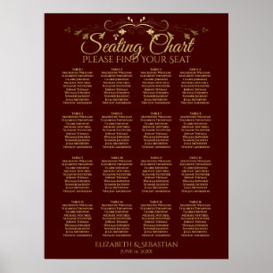 Gold & Auburn Brown 16 Table Wedding Seating Chart
