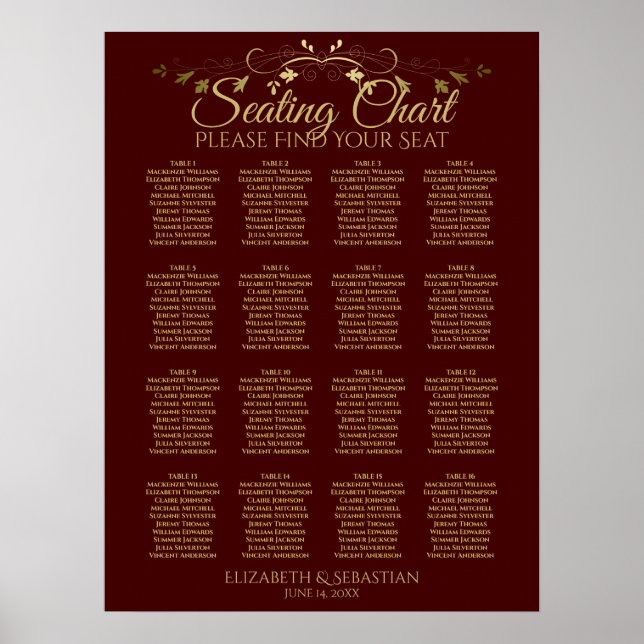 Gold & Auburn Brown 16 Table Wedding Seating Chart (Front)