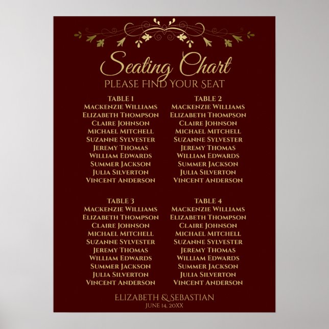 Gold & Auburn Brown 4 Table Wedding Seating Chart (Front)