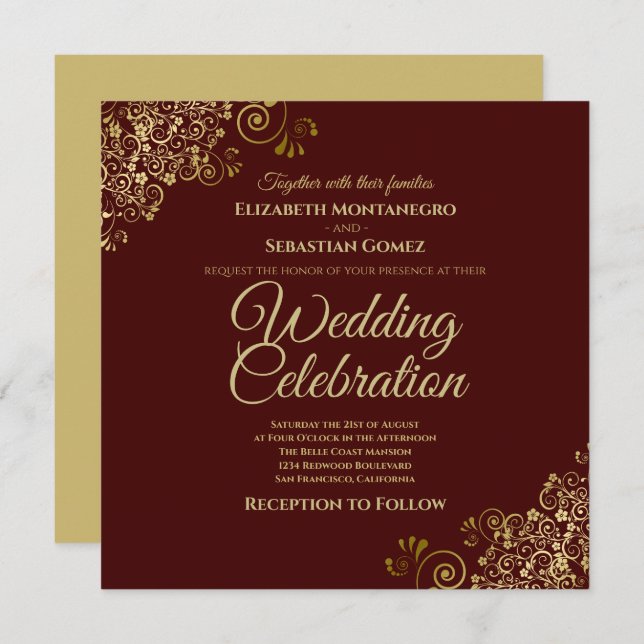 Gold Auburn Brown Simple Elegant Square Wedding Invitation (Front/Back)