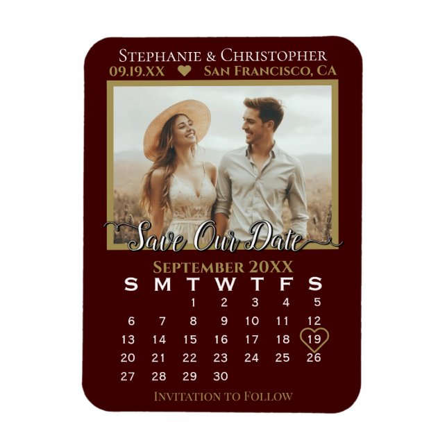 Gold & Auburn Photo Calendar Save Our Date Wedding Magnet (Vertical)