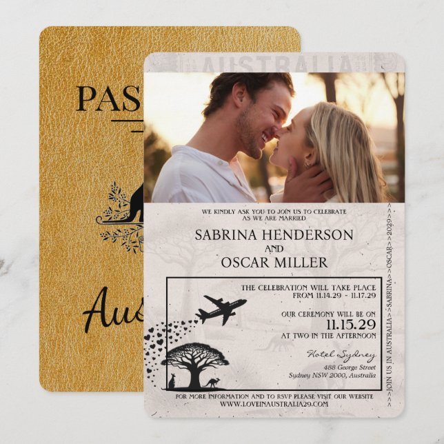 Gold Australia Passport Wedding Invitation (Front/Back)