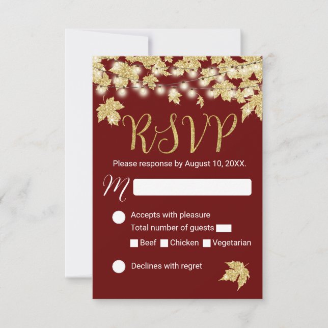Gold Autumn Leaves Burgundy Fall Wedding RSVP (Front)