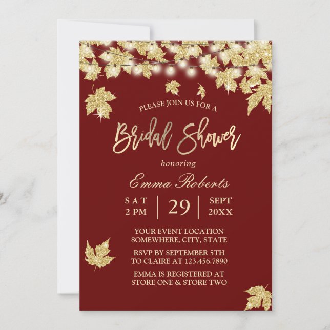 Gold Autumn Leaves Burgundy Red Bridal Shower Invitation (Front)