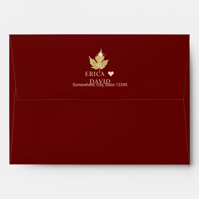 Gold Autumn Leaves Burgundy Red Fall Wedding Envelope (Back (Top Flap))