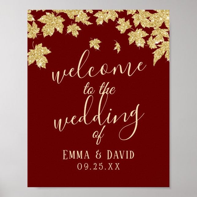 Gold Autumn Leaves Burgundy Red Fall Wedding Sign (Front)