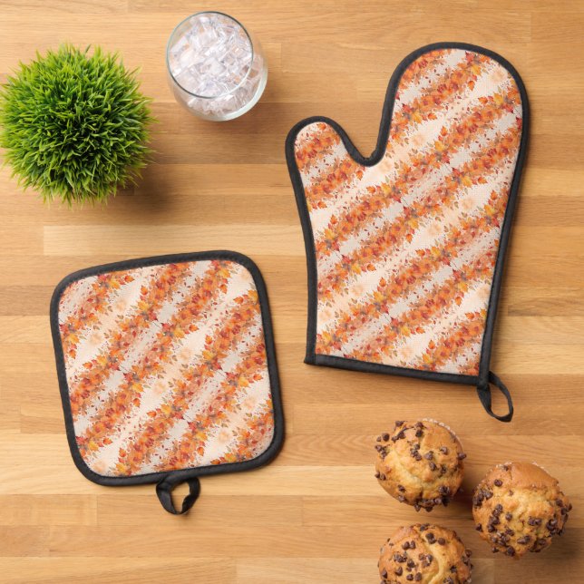Gold Autumn Leaves Oven Mitt & Pot Holder Set (Top Down)