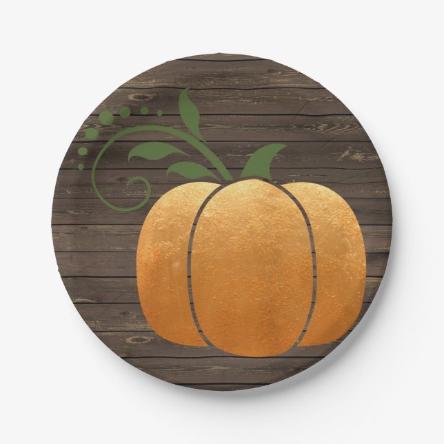 Gold Autumn Rustic Wood Pumpkin Paper Plate (Front)