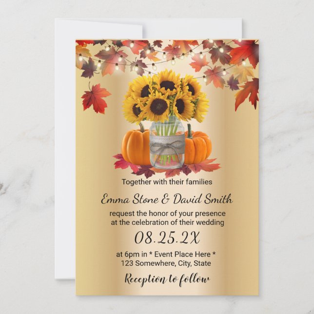 Gold Autumn Sunflower Jar Pumpkins Fall Wedding Invitation (Front)
