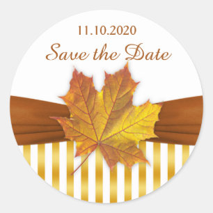 Gold autumnal maple leaf, stripes Save the date Classic Round Sticker