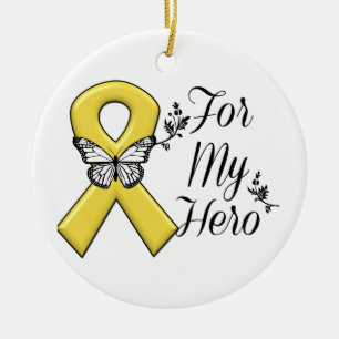 Gold Awareness Ribbon For My Hero Ceramic Tree Decoration